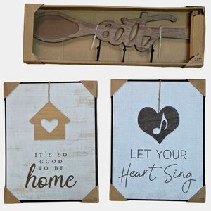 Lot Of 3 Wood Rustic Brown and White Wall Decor Set New In Original Packaging